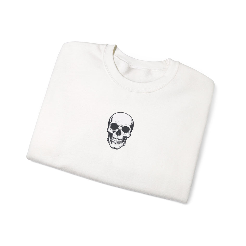 White sweatshirt with a black skull design on a white background