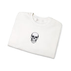 White sweatshirt with a black skull design on a white background