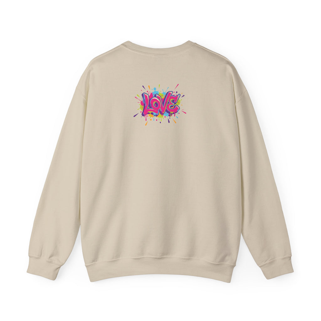 Beige sweatshirt with colorful 'LOVE' graphic on the back against a white background