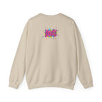 Beige sweatshirt with colorful 'LOVE' graphic on the back against a white background