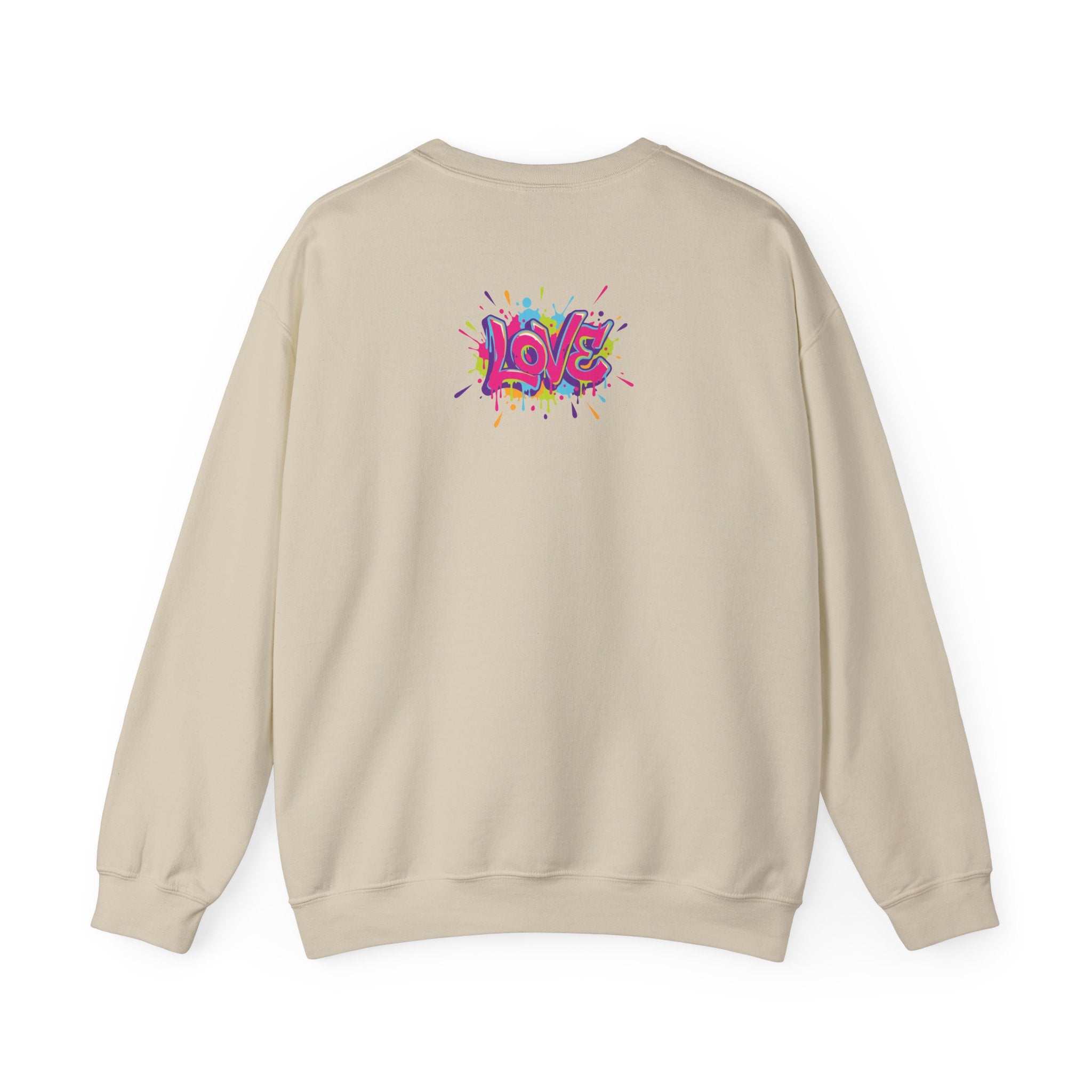 Beige sweatshirt with colorful 'LOVE' graphic on the back against a white background
