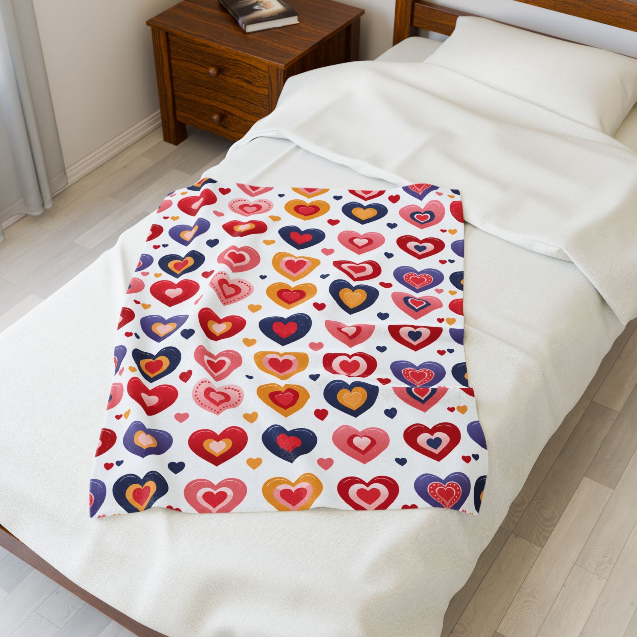 Colorful heart-patterned blanket on a bed in a bedroom setting