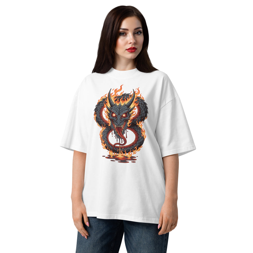 Woman wearing a white t-shirt with a dragon graphic design on a white background