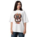 Woman wearing a white t-shirt with a dragon graphic design on a white background