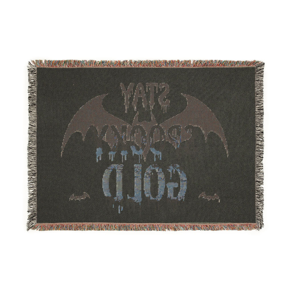 Textile with bat design and text on a black background
