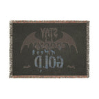 Textile with bat design and text on a black background