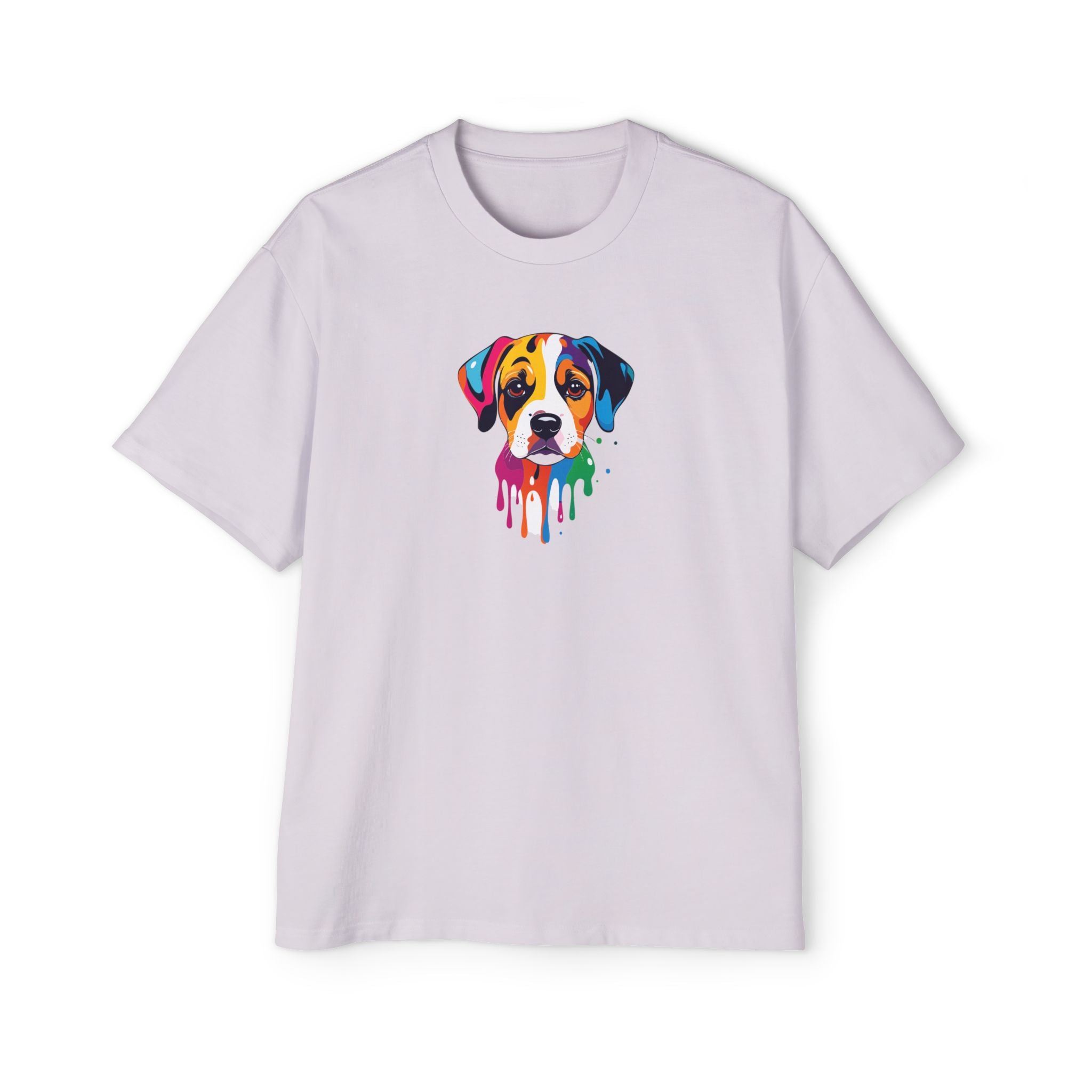 White t-shirt with a colorful dog graphic on a white background