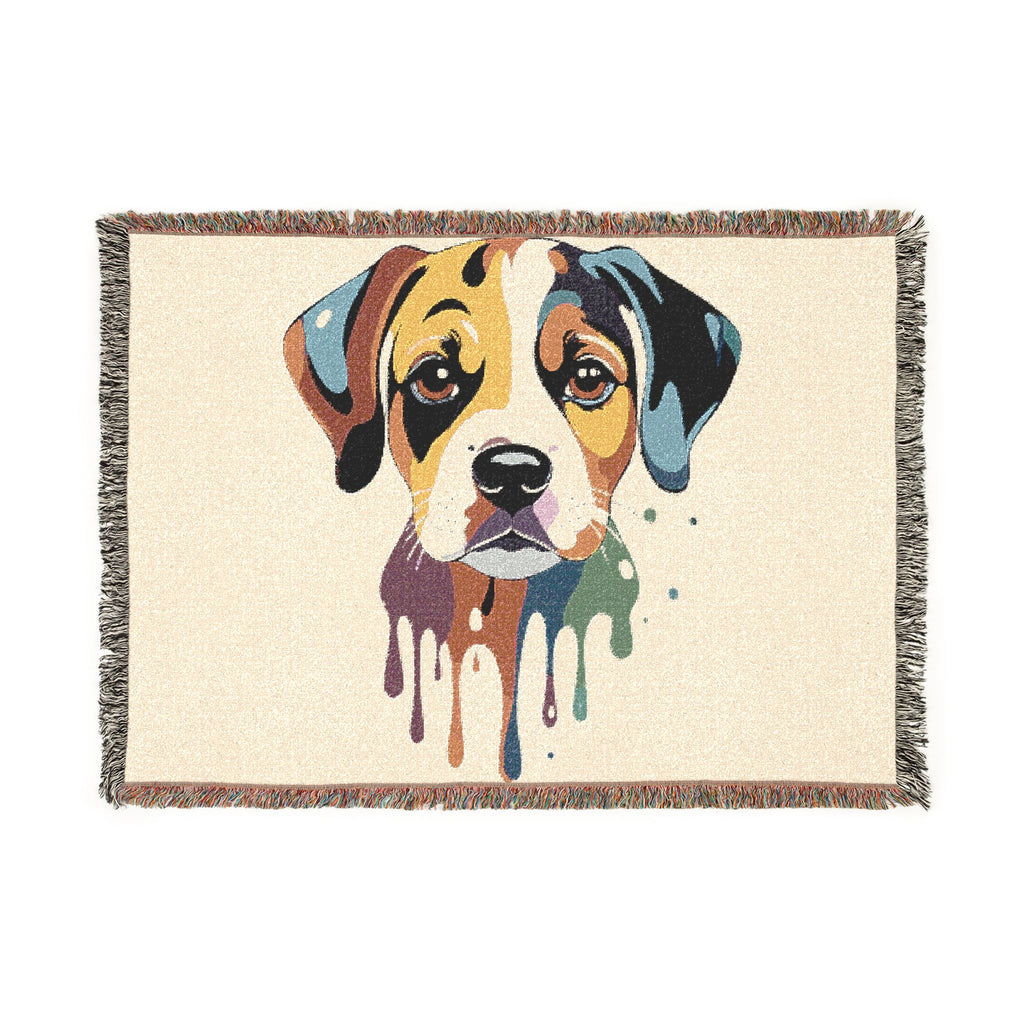 Woven blanket with a colorful dog illustration on a beige background