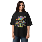 Person wearing a black t-shirt with colorful mushroom design on a white background
