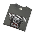 Gray t-shirt with 'Warrior' design featuring a ram's head and shield on a white background
