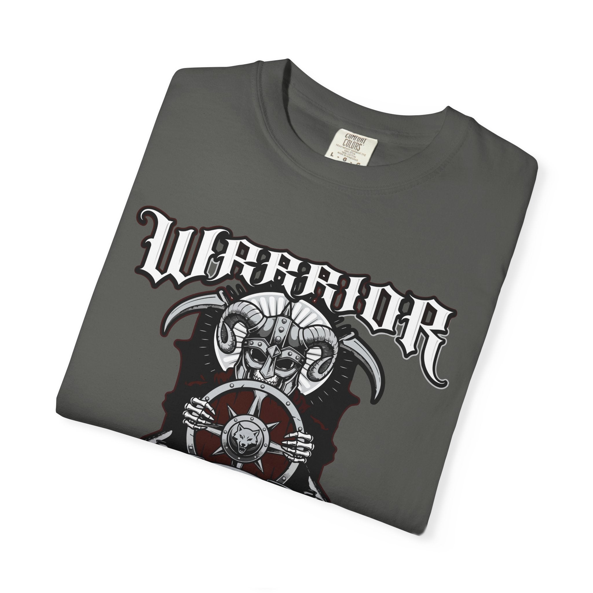 Gray t-shirt with 'Warrior' design featuring a ram's head and shield on a white background