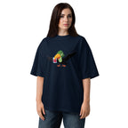 Person wearing a navy blue t-shirt with a colorful parrot graphic on a white background