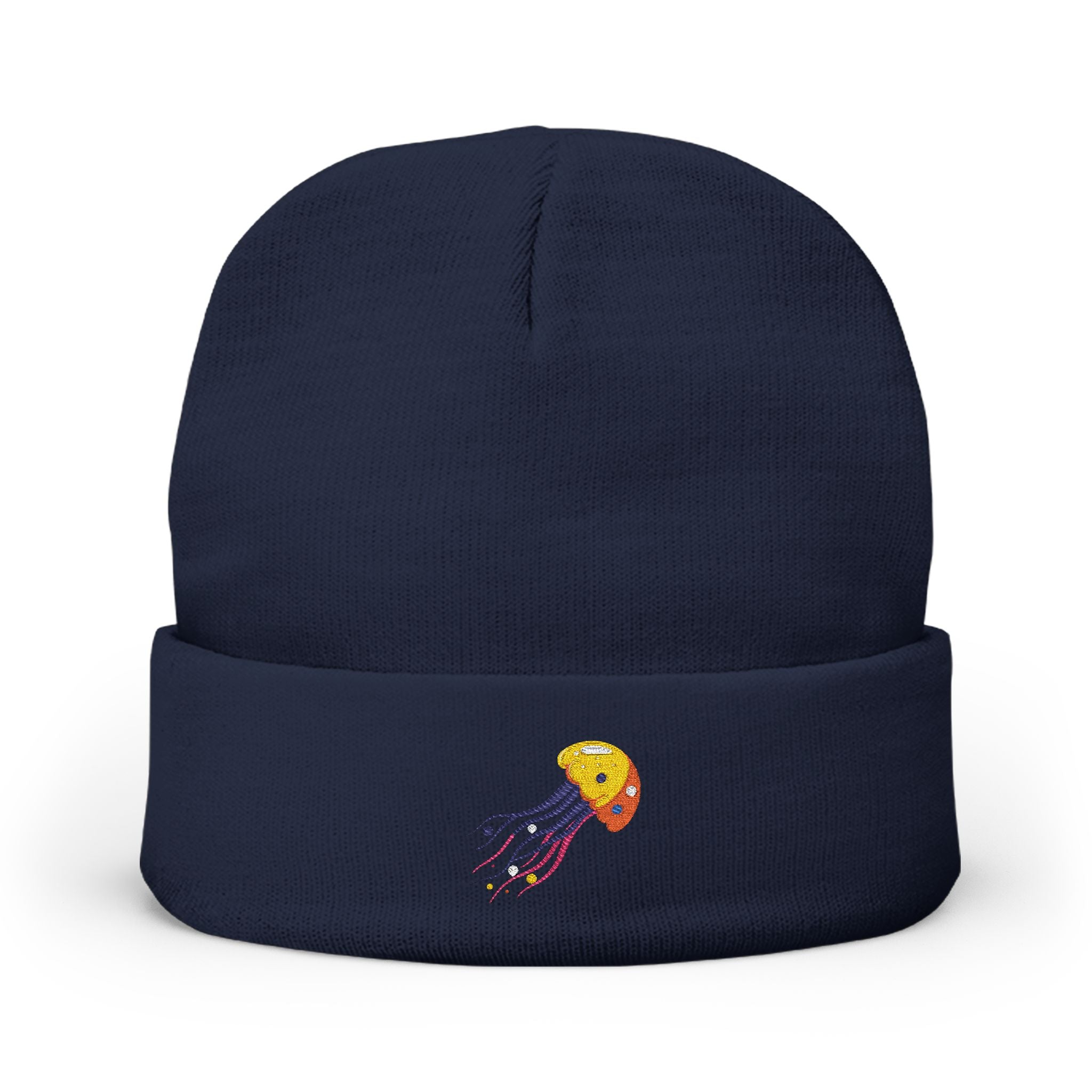 Navy blue beanie with a colorful jellyfish design on a white background