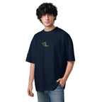 Person wearing a navy blue t-shirt with a small logo on a white background