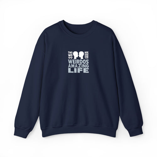 Navy blue sweatshirt with white text and graphics on a white background