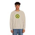 Person wearing a beige sweatshirt with a graphic design on a white background