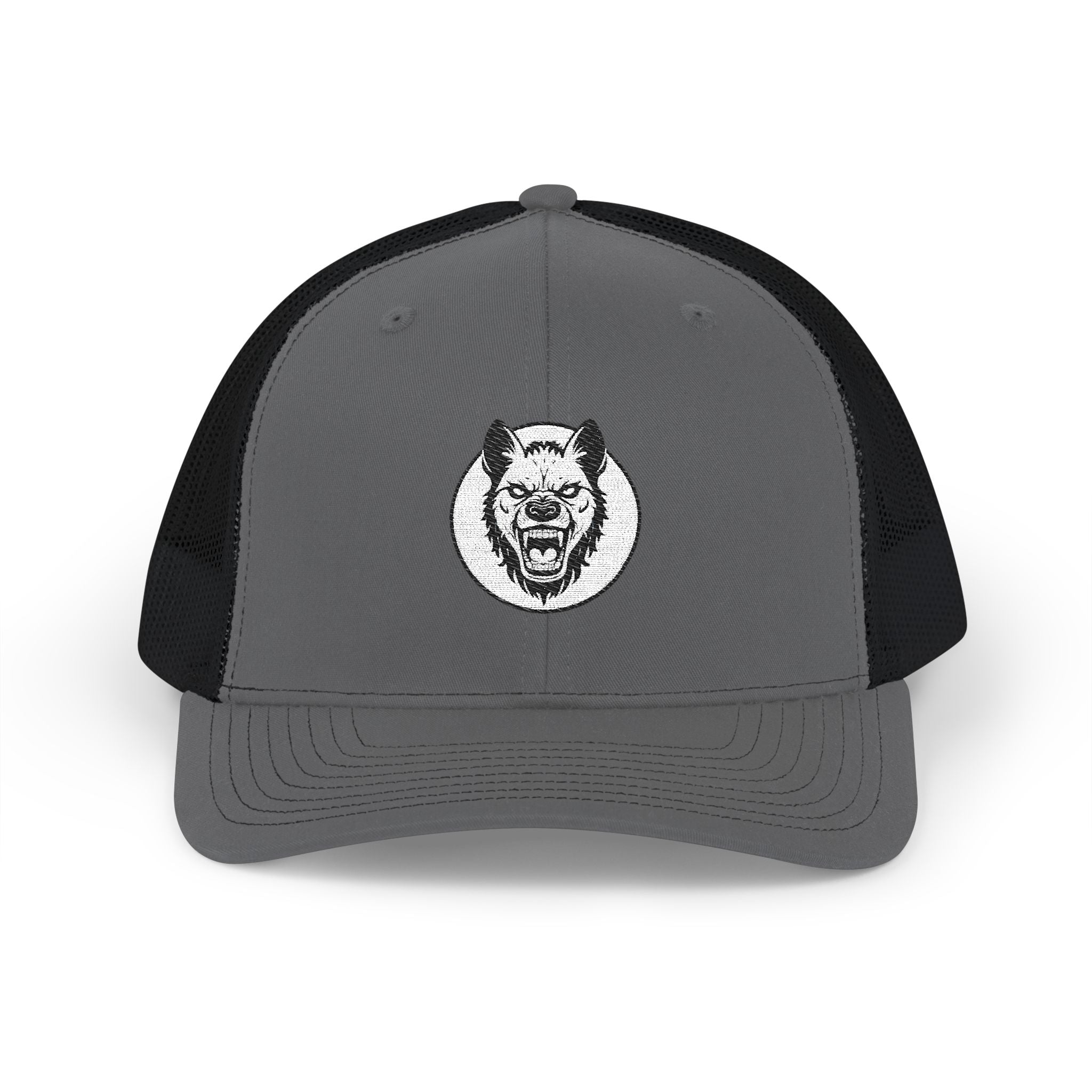 Gray and black trucker cap with a wolf logo on a white background