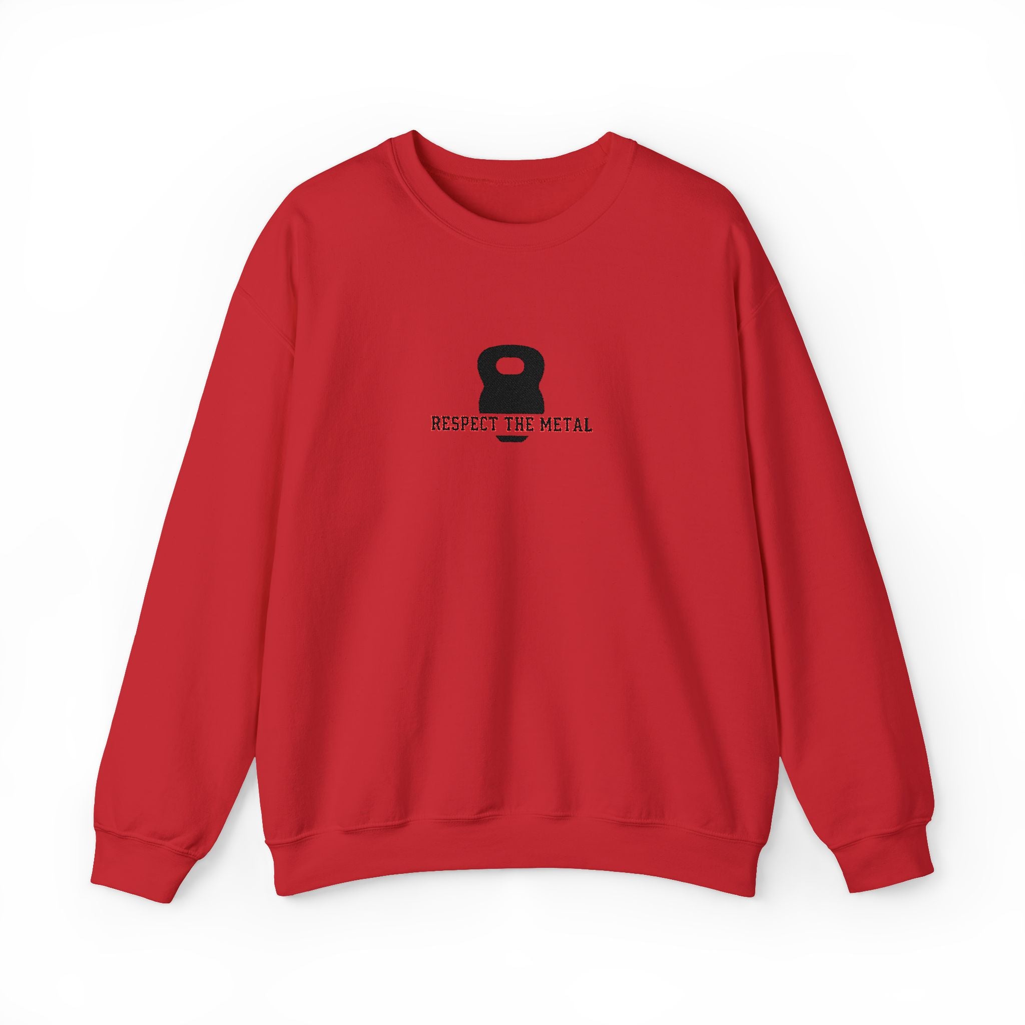 Red sweatshirt with a black kettlebell graphic and text on a white background