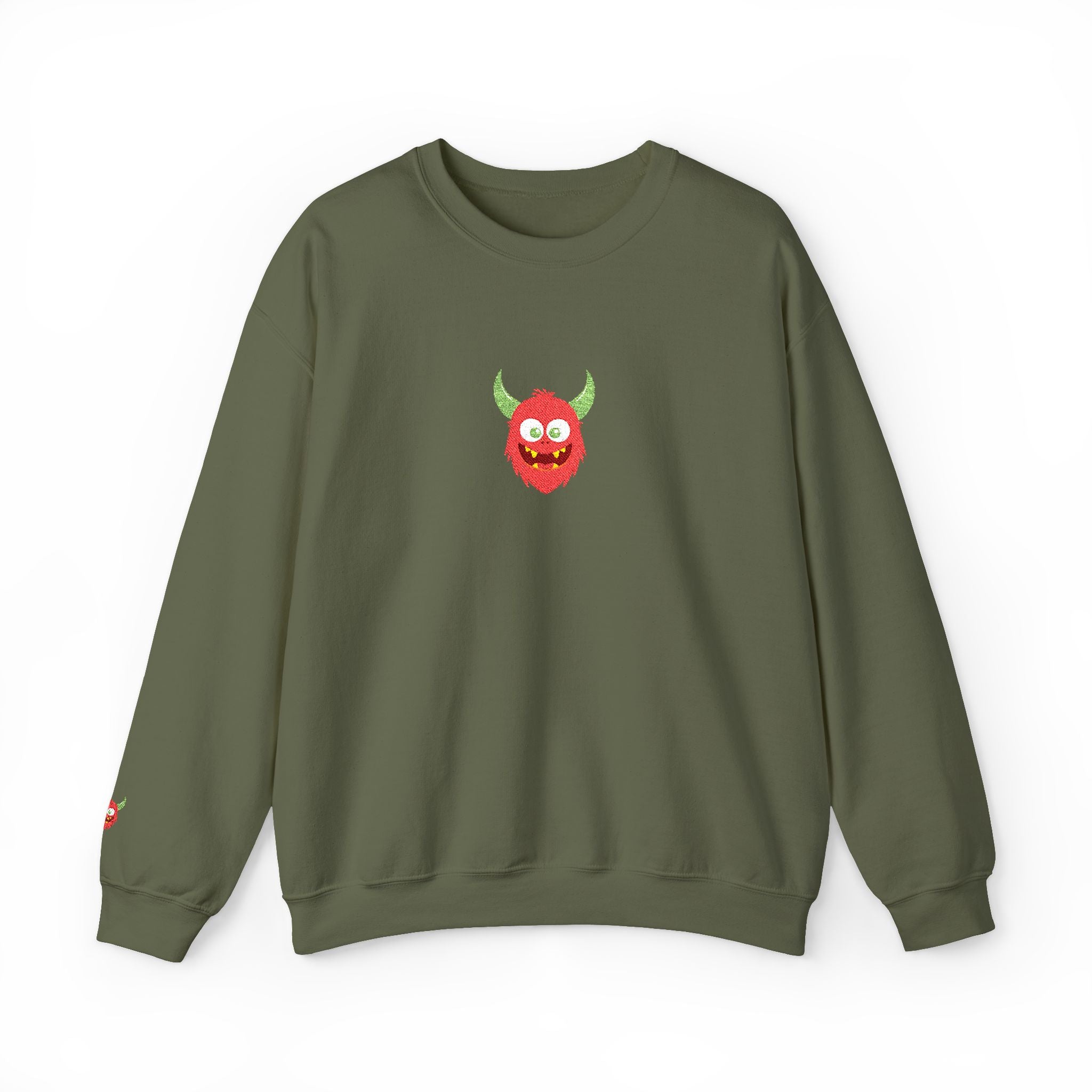 Green sweatshirt with a red monster graphic on a white background