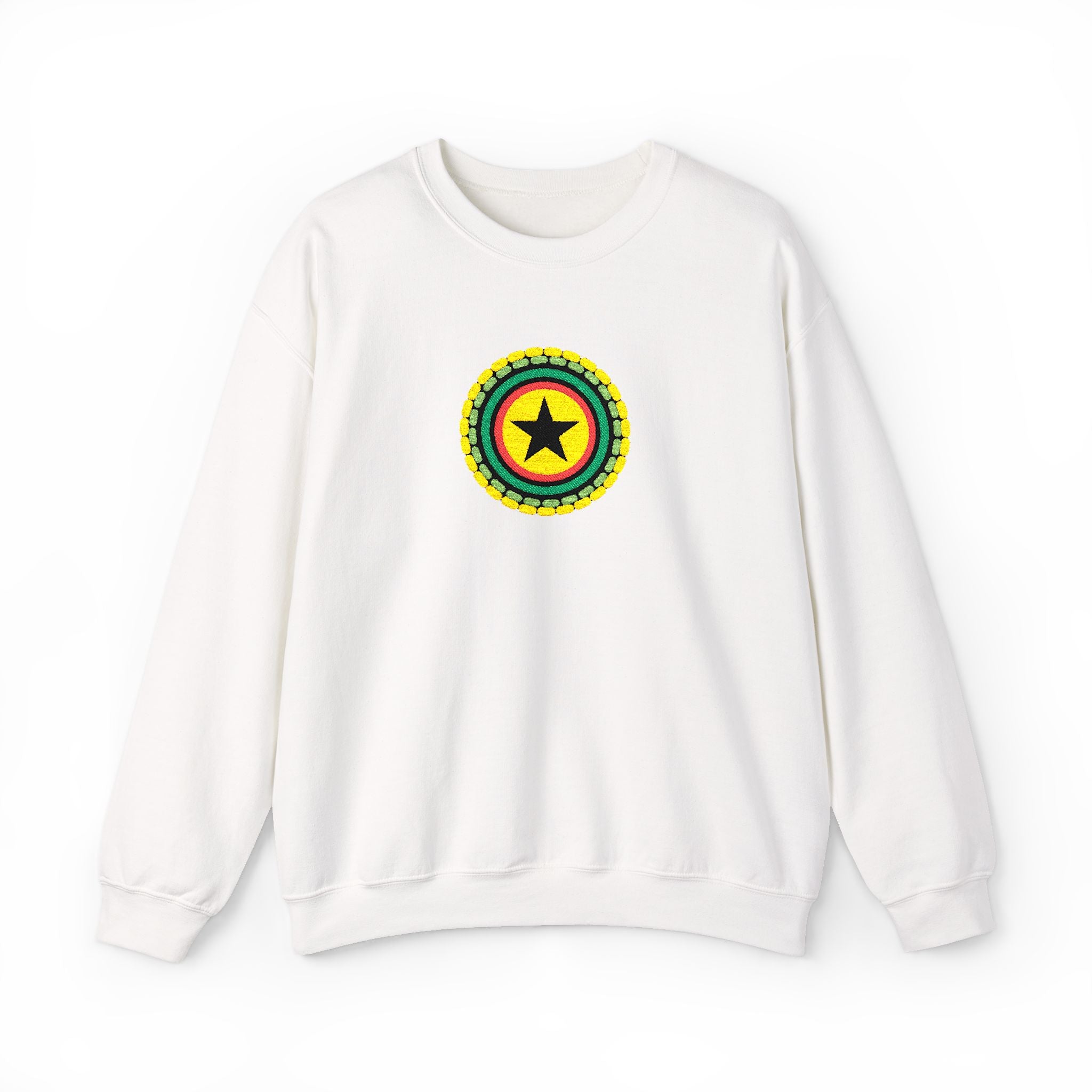 White sweatshirt with a colorful star design on a white background