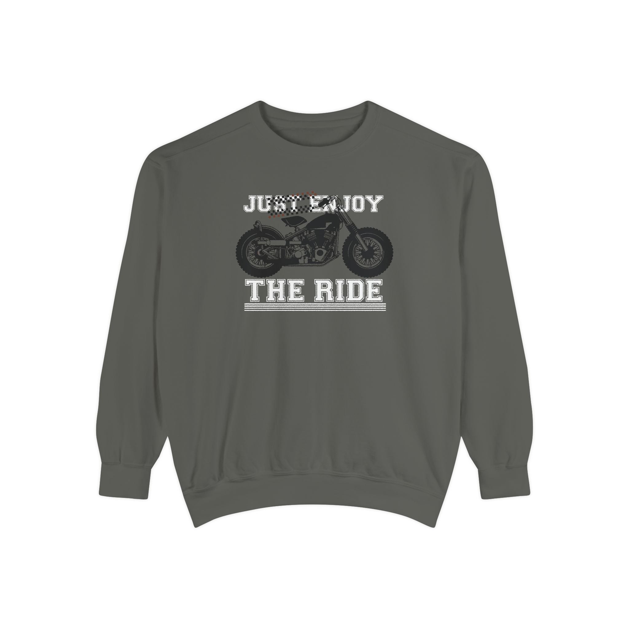 Gray sweatshirt with motorcycle graphic and text 'Just Enjoy The Ride' on a white background