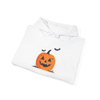 White hoodie with a Halloween design of a pumpkin and bats on a white background