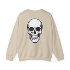Beige sweatshirt with a skull design on the back against a white background