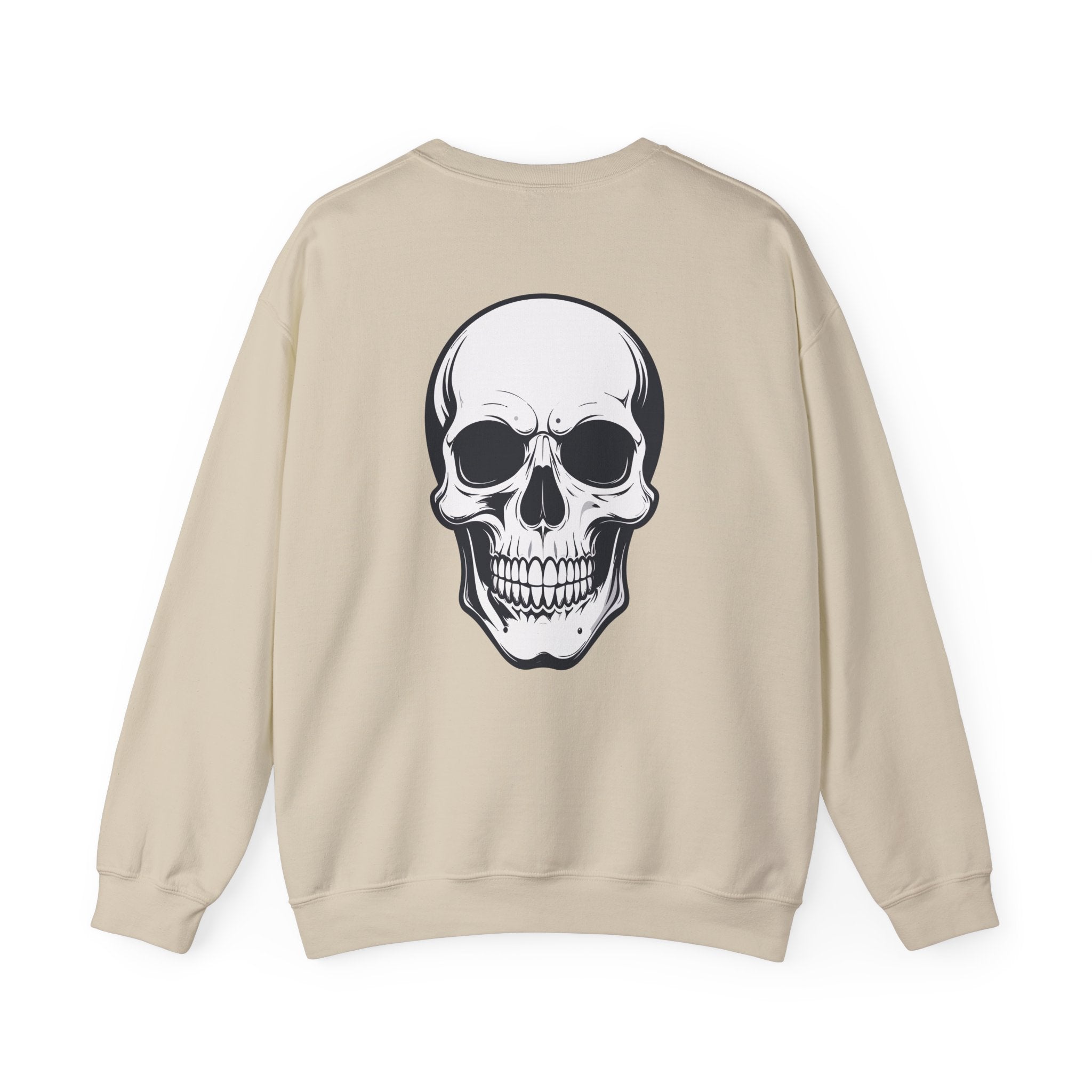 Beige sweatshirt with a skull design on the back against a white background