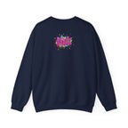 Navy blue sweatshirt with colorful 'LOVE' graphic on the back against a white background
