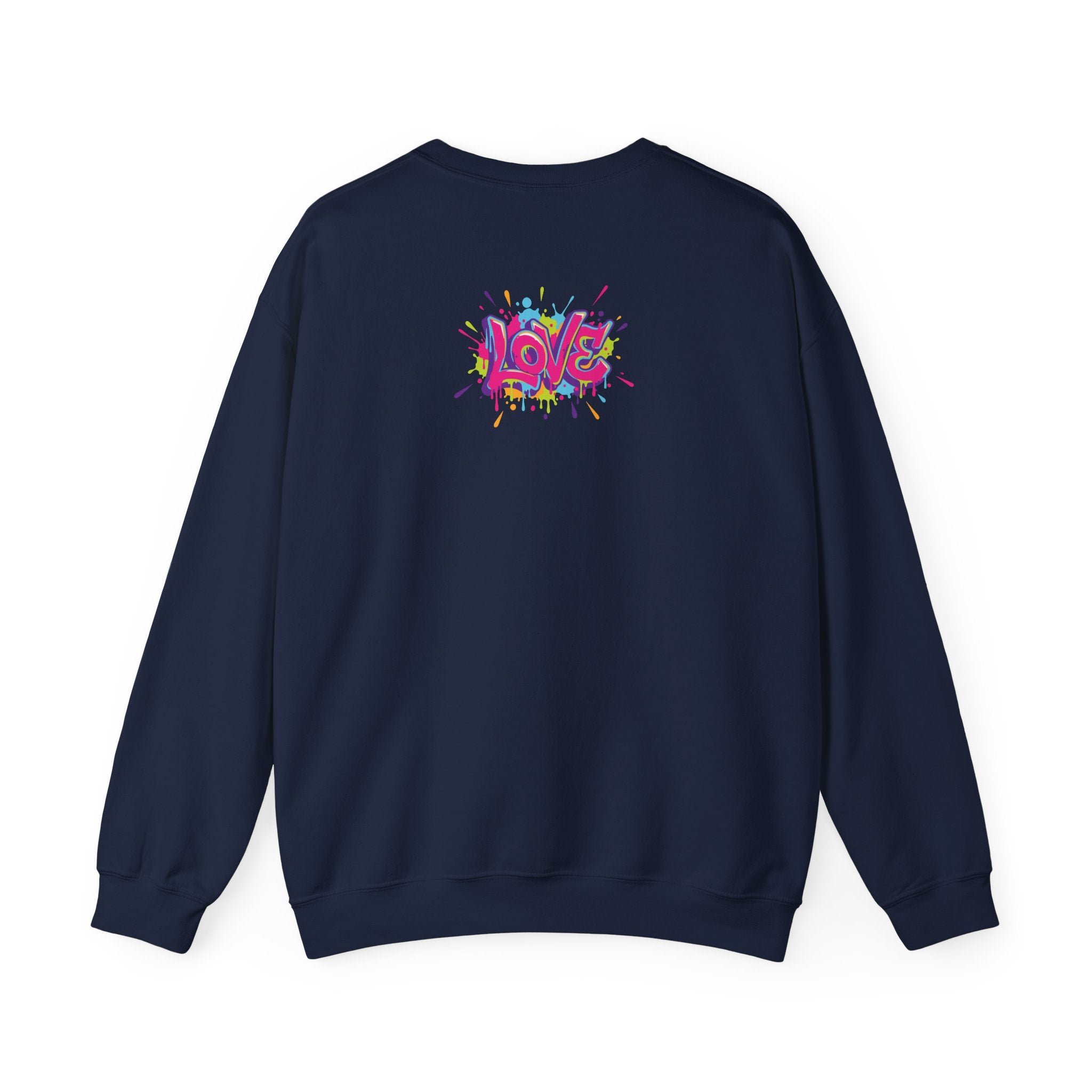 Navy blue sweatshirt with colorful 'LOVE' graphic on the back against a white background