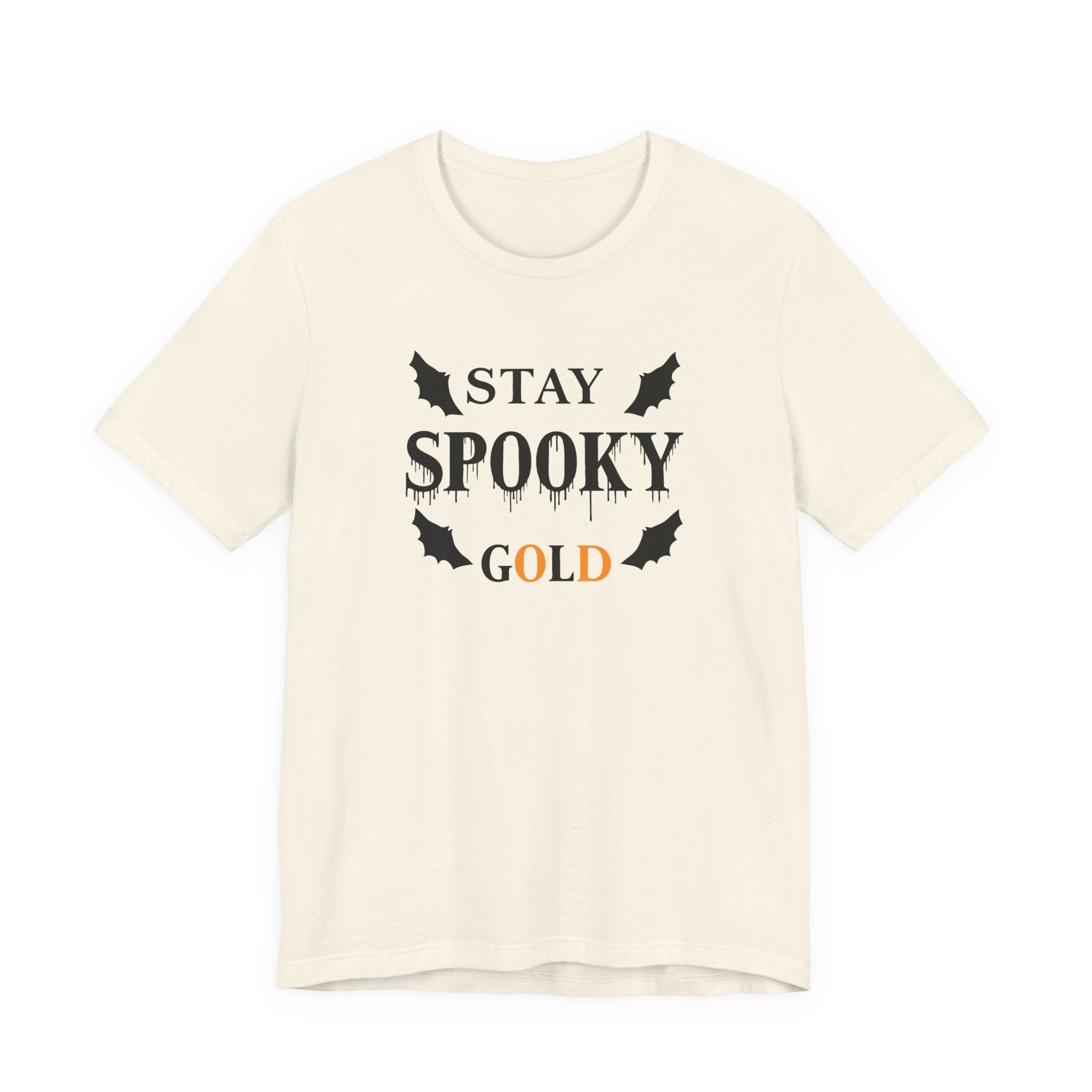 Beige t-shirt with 'Stay Spooky Gold' text and bats on a white background