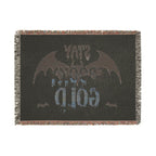 Blanket with bat design and text on a dark background