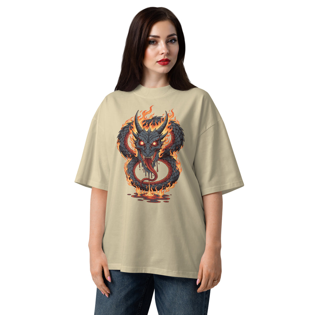 Woman wearing a beige t-shirt with a dragon graphic design on a white background