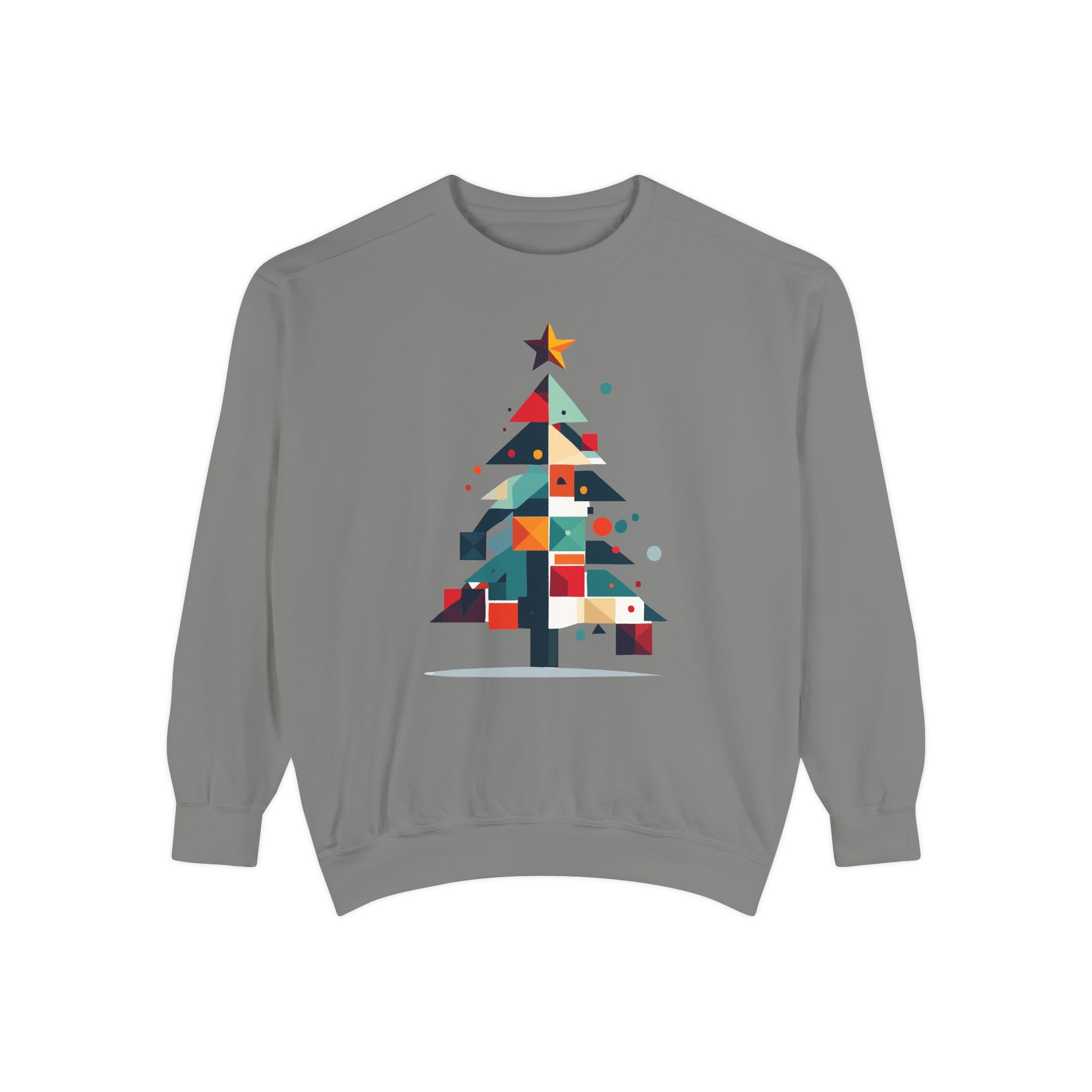 Gray sweatshirt with a colorful geometric Christmas tree design on a white background