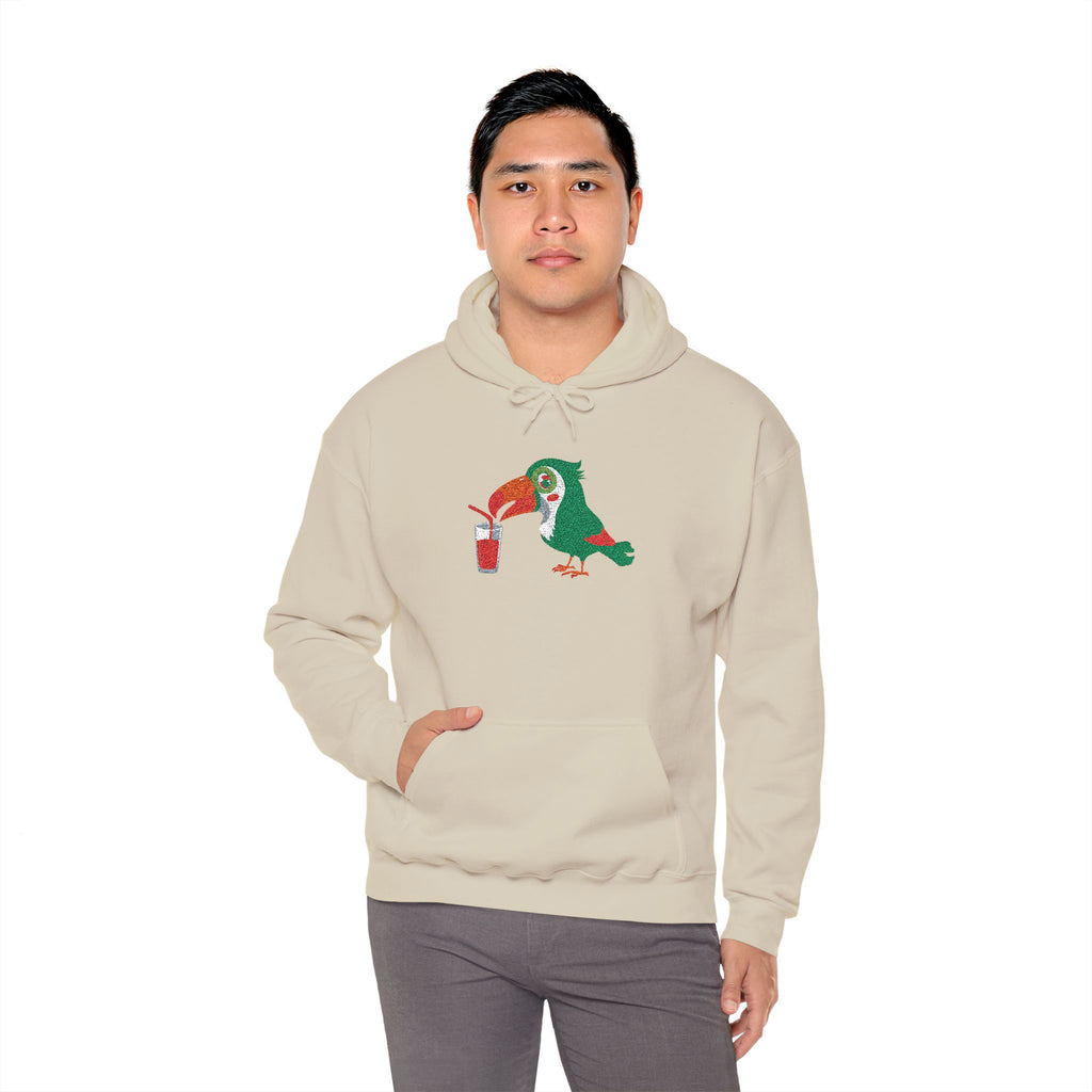 Person wearing a beige hoodie with a graphic design on a white background