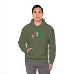 Person wearing a green hoodie with a graphic design on a white background