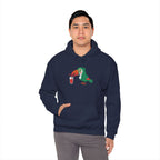 Person wearing a navy blue hoodie with a colorful parrot design on a white background