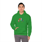 Person wearing a green hoodie with a graphic design on a white background
