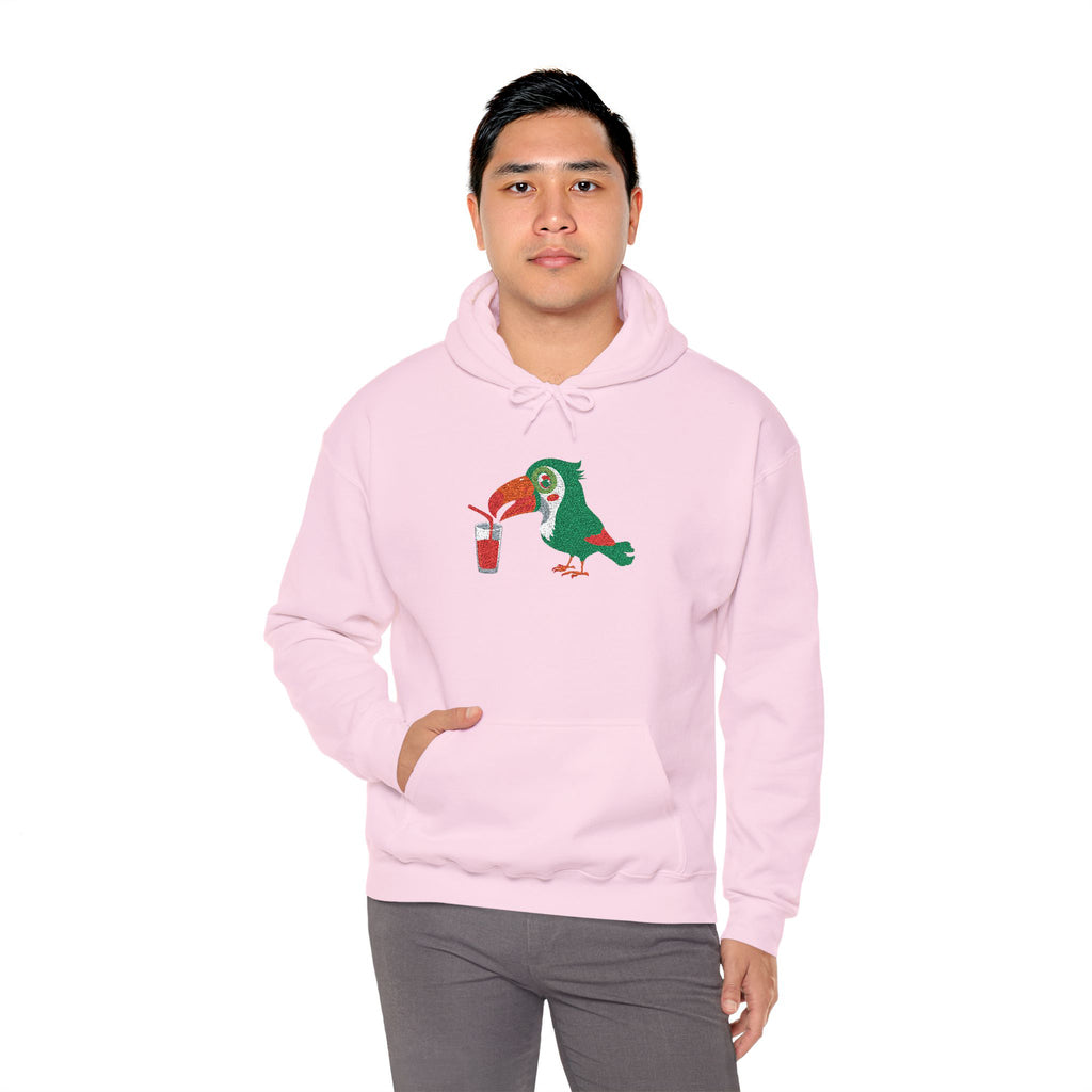 Person wearing a pink hoodie with a cartoon parrot design on a white background