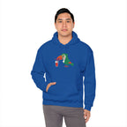 Person wearing a blue hoodie with a parrot design on a white background