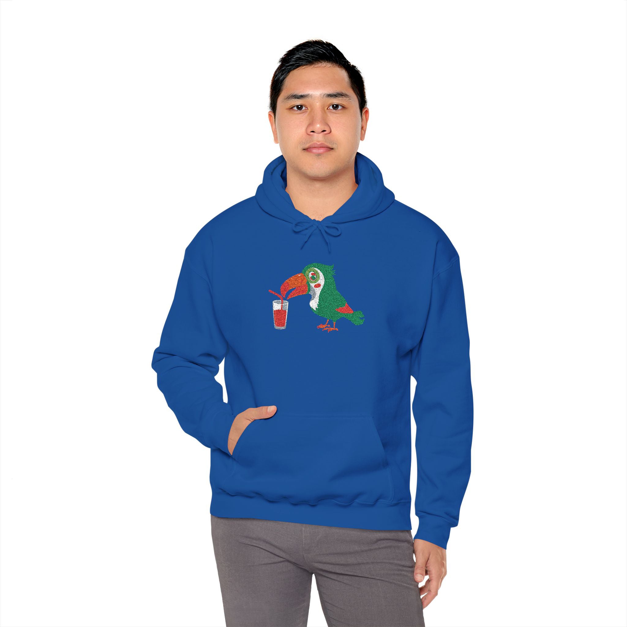 Person wearing a blue hoodie with a parrot design on a white background