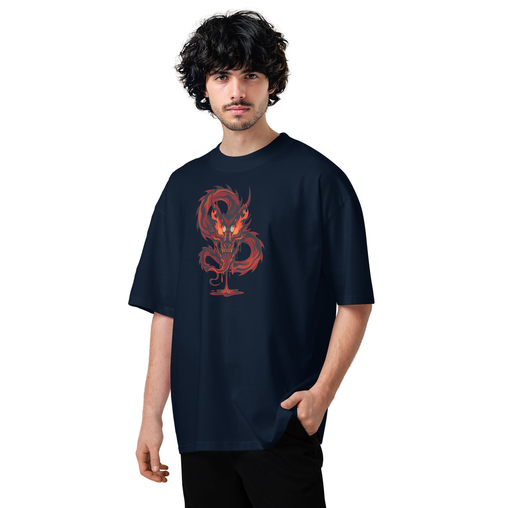 Man wearing a black t-shirt with a red dragon design on a white background