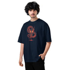 Man wearing a black t-shirt with a red dragon design on a white background