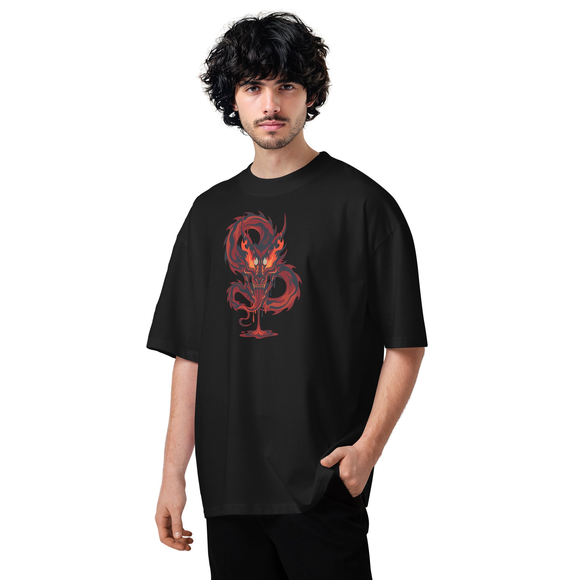 Man wearing a black t-shirt with a red dragon design on a white background
