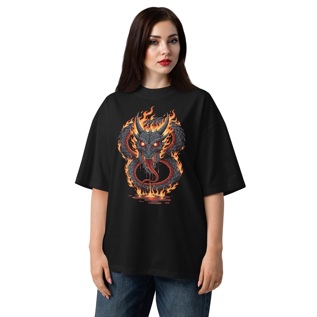 Person wearing a black t-shirt with a dragon graphic design on a white background