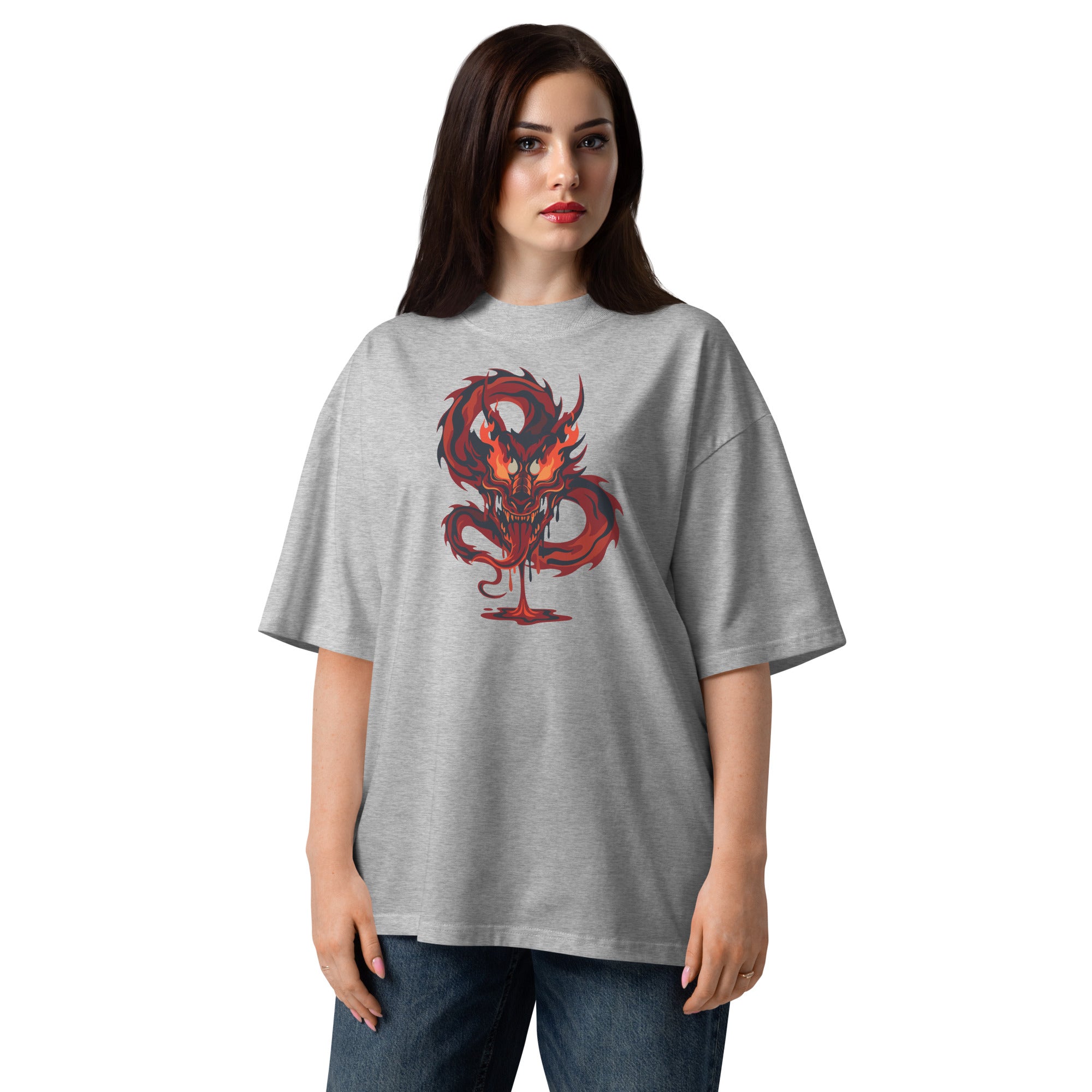 Woman wearing a gray t-shirt with a red dragon design on a white background