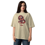 Woman wearing a beige t-shirt with a red dragon design on a white background