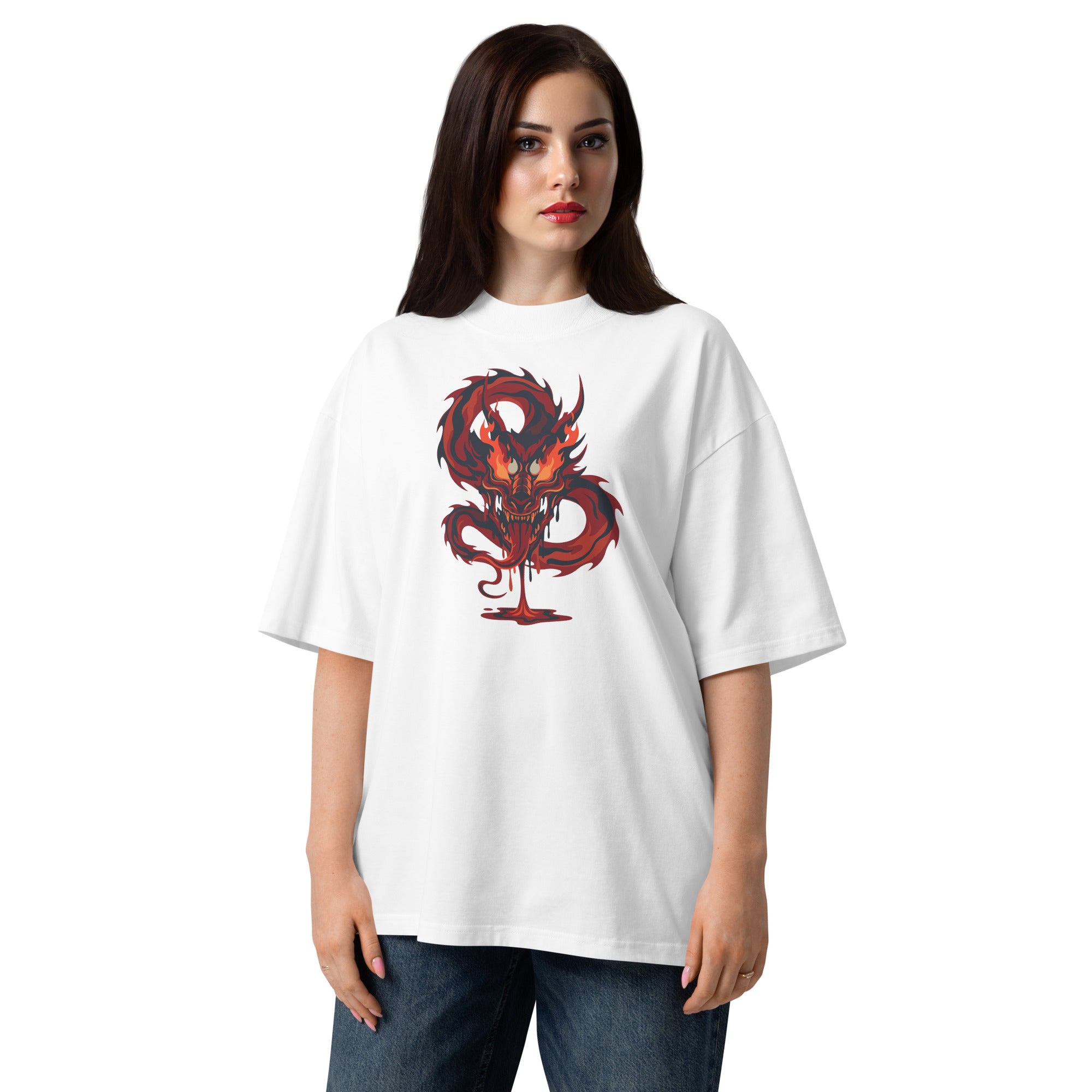 Woman wearing a white t-shirt with a red dragon design on a white background