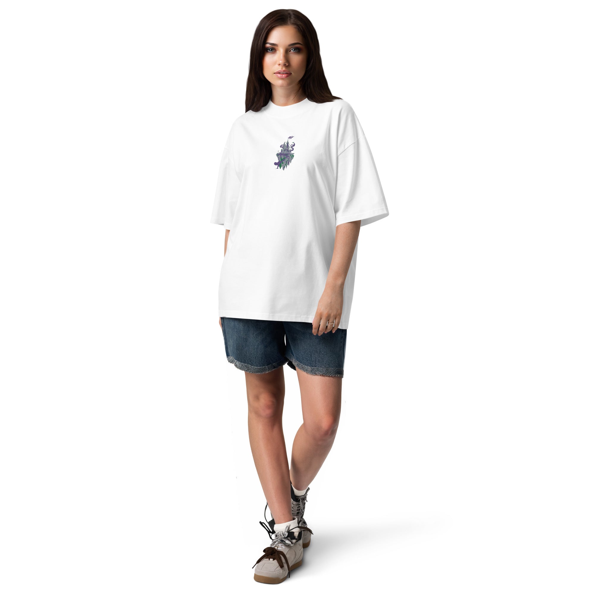 Floating Island Fantasy Graphic – Unisex Organic Oversized High Neck T-Shirt