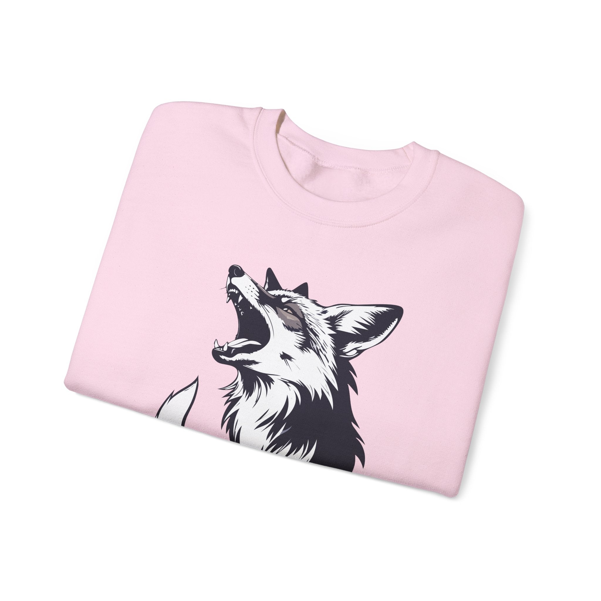Pink sweatshirt with a wolf graphic on a white background